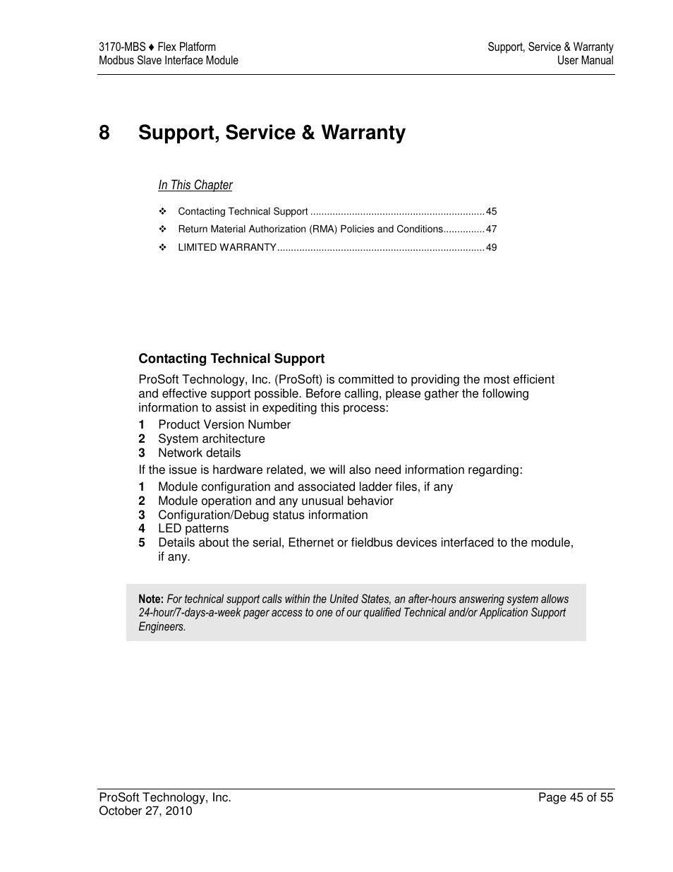 8support, service & warranty | ProSoft Technology 3170-MBS User Manual | Page 45 / 55