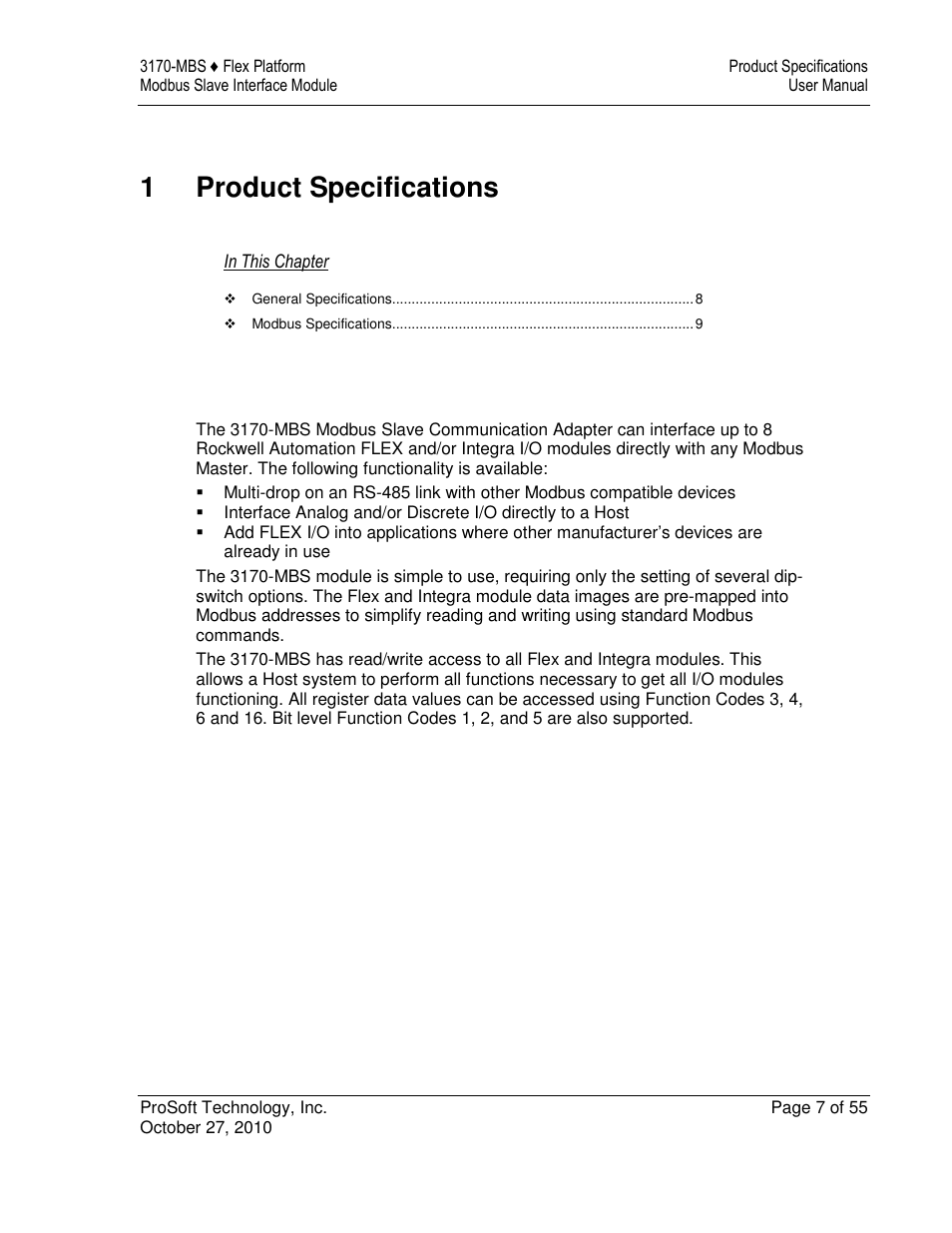 1product specifications | ProSoft Technology 3170-MBS User Manual | Page 7 / 55