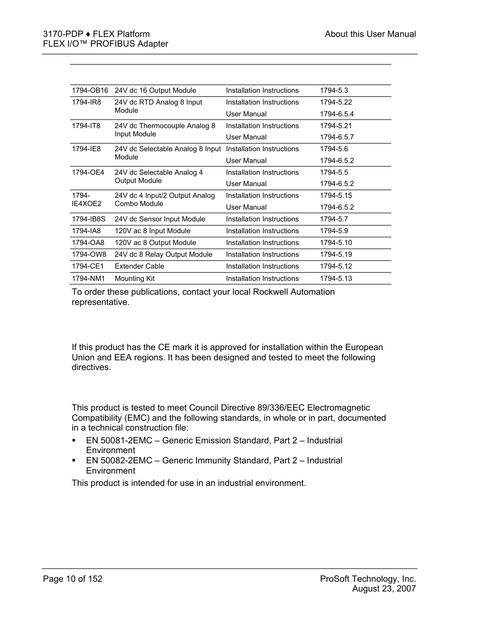 Compliance to european union directives, Emc directive, Compliance | To european union directives | ProSoft Technology 3170-PDP User Manual | Page 10 / 152
