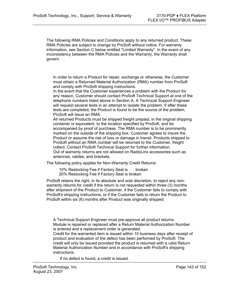 All product returns, Procedures for return of units under warranty | ProSoft Technology 3170-PDP User Manual | Page 143 / 152