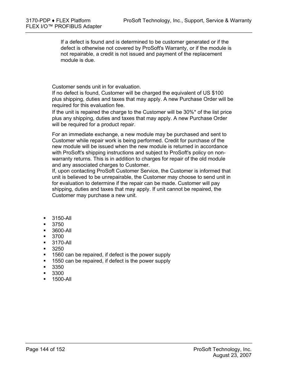 Procedures for return of units out of warranty, Un-repairable units | ProSoft Technology 3170-PDP User Manual | Page 144 / 152
