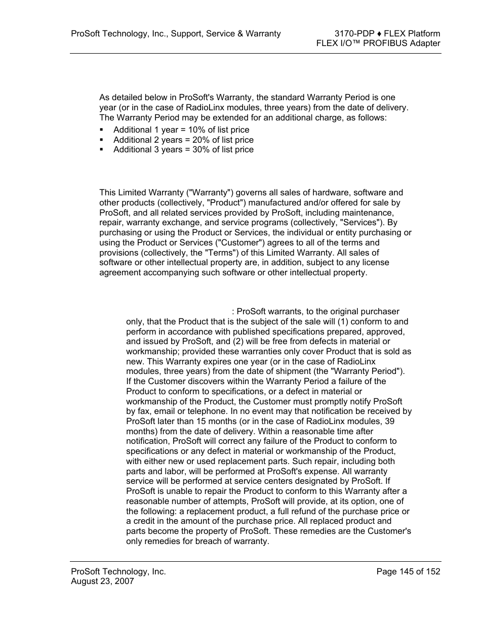 Purchasing warranty extension, Limited warranty, What is covered by this warranty | Limited, Warranty | ProSoft Technology 3170-PDP User Manual | Page 145 / 152