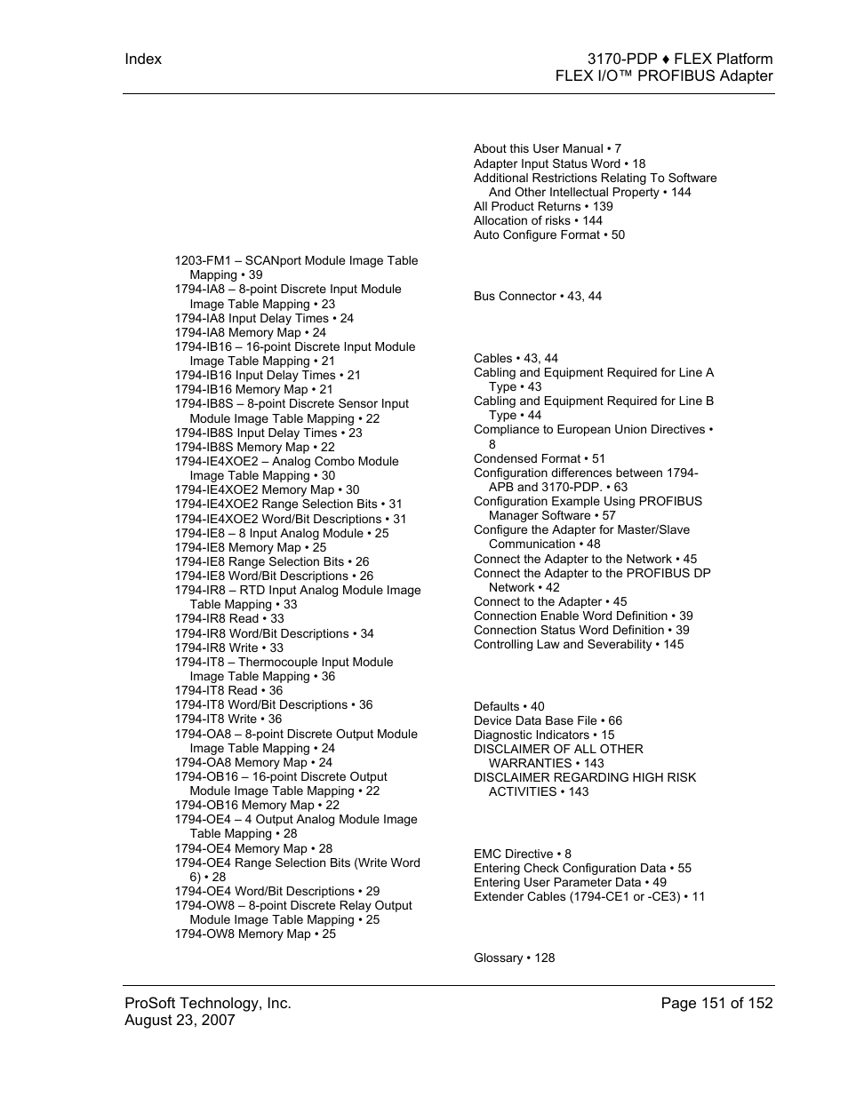 Index | ProSoft Technology 3170-PDP User Manual | Page 151 / 152