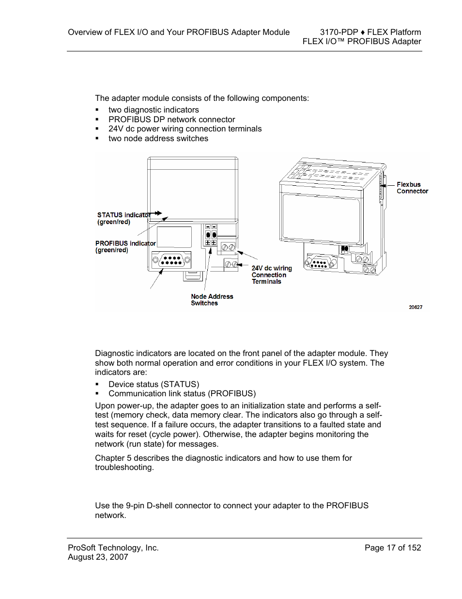 Profibus adapter components, Diagnostic indicators, Network connector | Profibus, Adapter components | ProSoft Technology 3170-PDP User Manual | Page 17 / 152