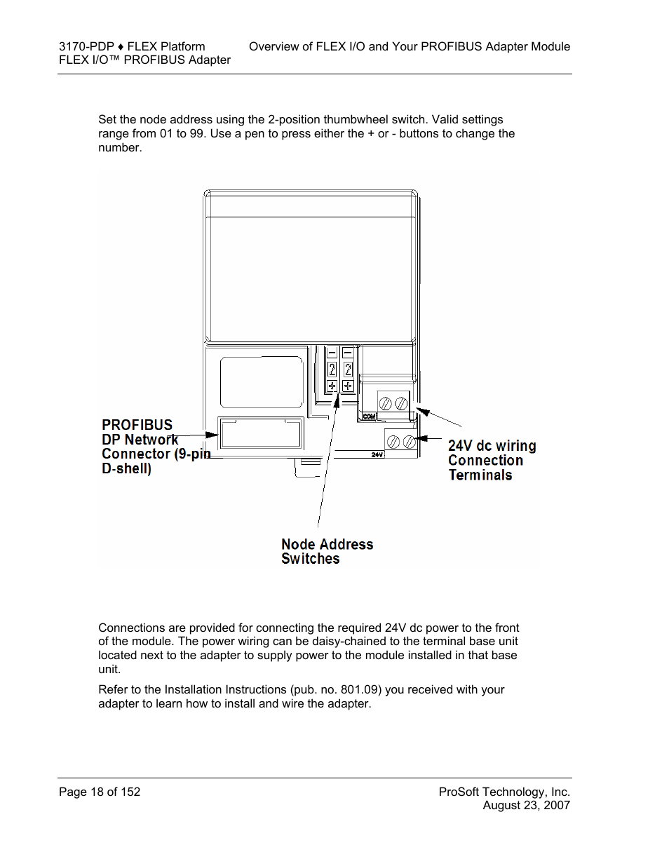 Setting the node address switches, Power wiring | ProSoft Technology 3170-PDP User Manual | Page 18 / 152