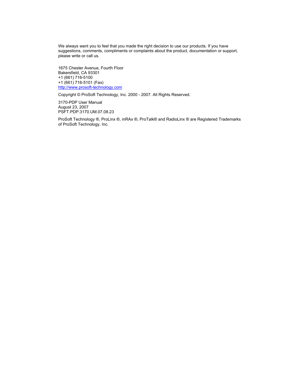 ProSoft Technology 3170-PDP User Manual | Page 3 / 152