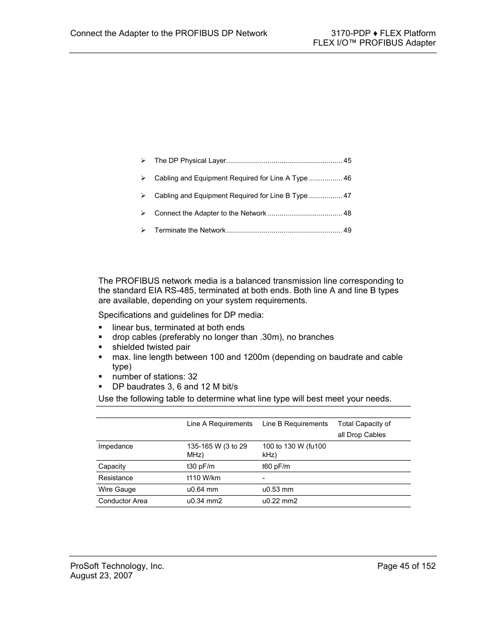 Connect the adapter to the profibus dp network, The dp physical layer, 4connect the adapter to the profibus dp network | ProSoft Technology 3170-PDP User Manual | Page 45 / 152