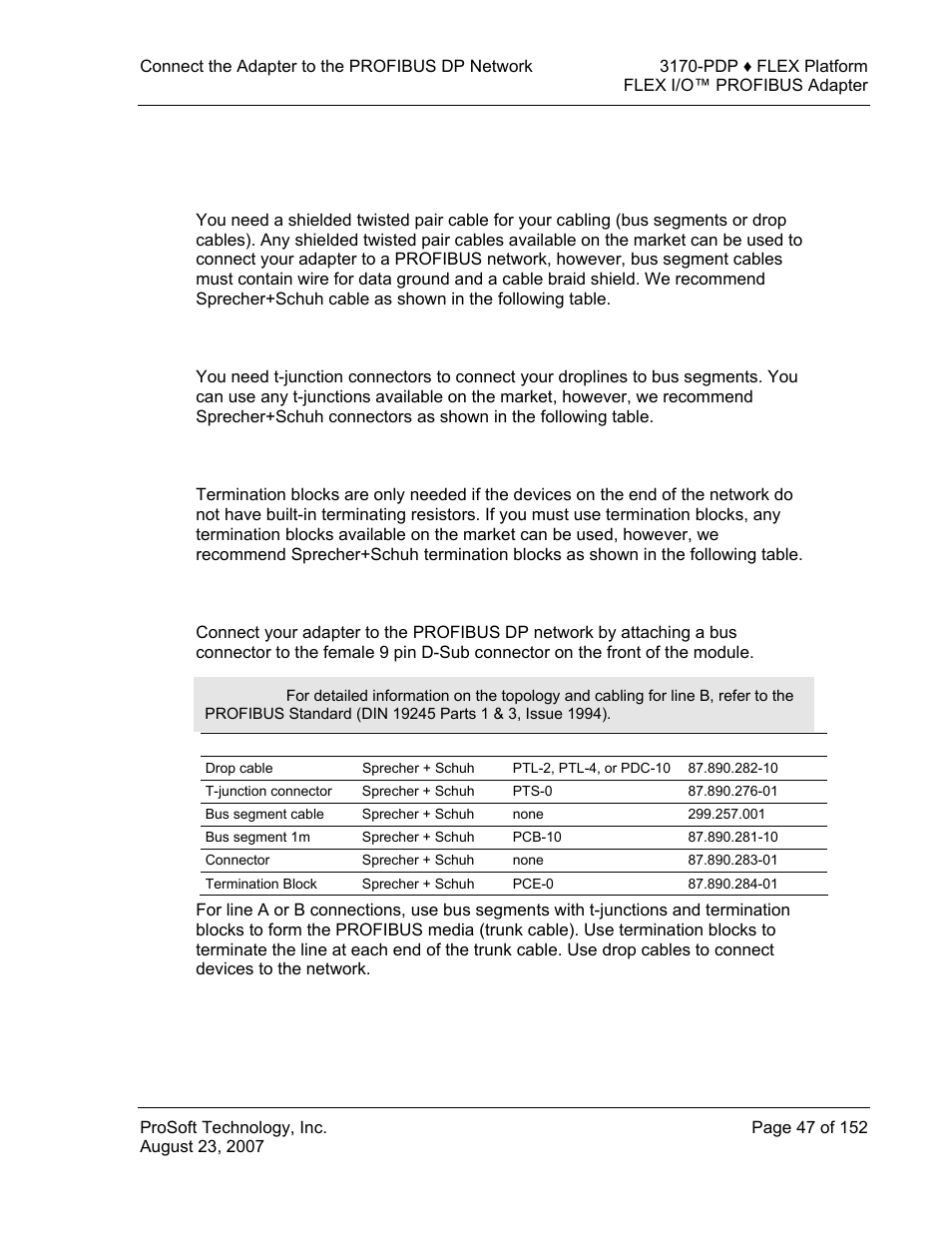 Cabling and equipment required for line b type, Cables, T-junction connectors | Termination blocks, Bus connector | ProSoft Technology 3170-PDP User Manual | Page 47 / 152