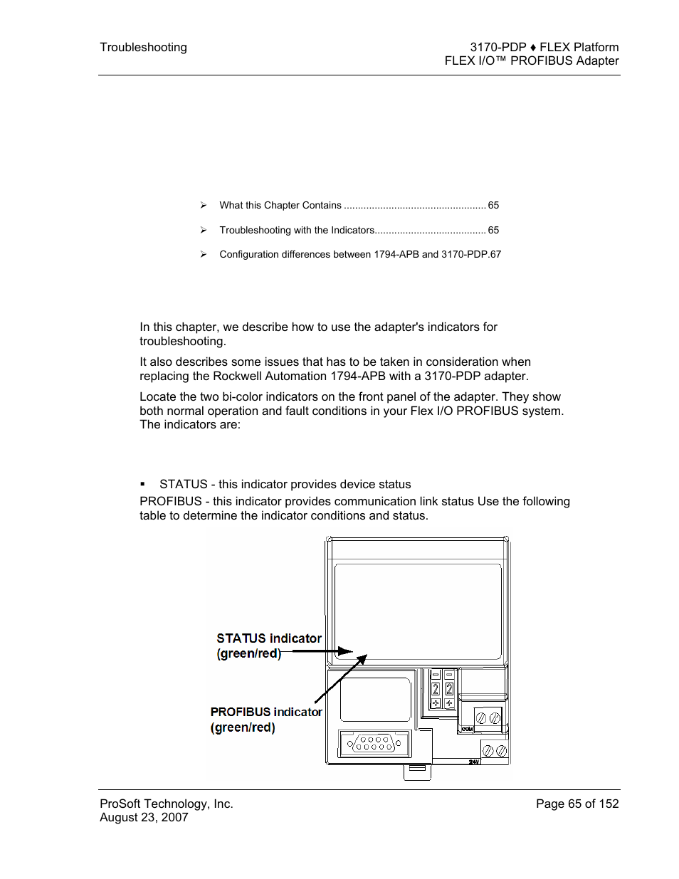 Troubleshooting, What this chapter contains, Troubleshooting with the indicators | 6 troubleshooting | ProSoft Technology 3170-PDP User Manual | Page 65 / 152