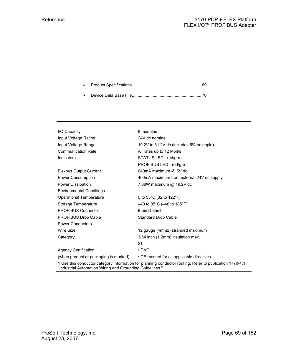 Reference, Product specifications, 7 reference | ProSoft Technology 3170-PDP User Manual | Page 69 / 152
