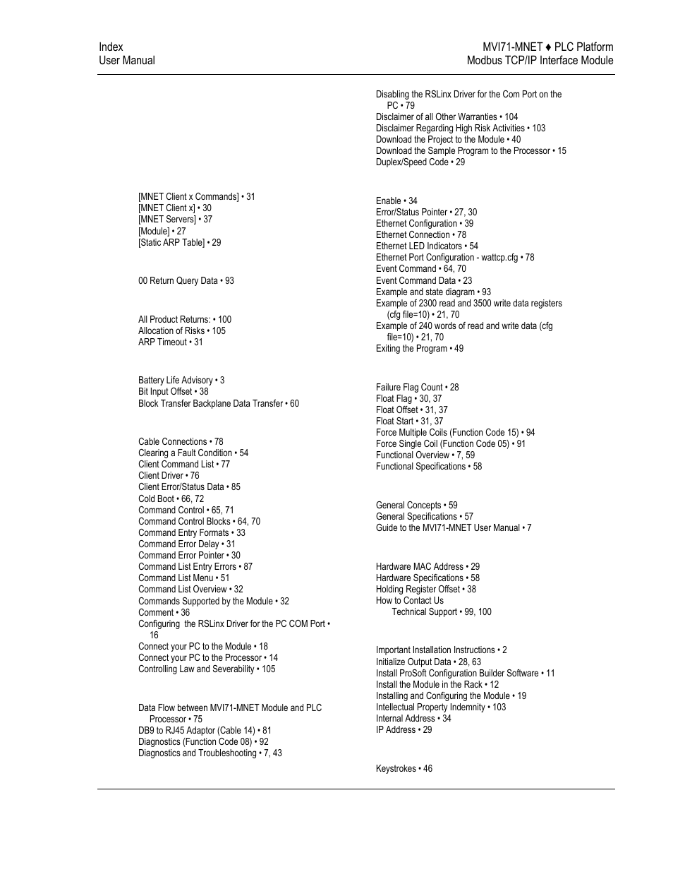 Index | ProSoft Technology MVI71-MNET User Manual | Page 107 / 109