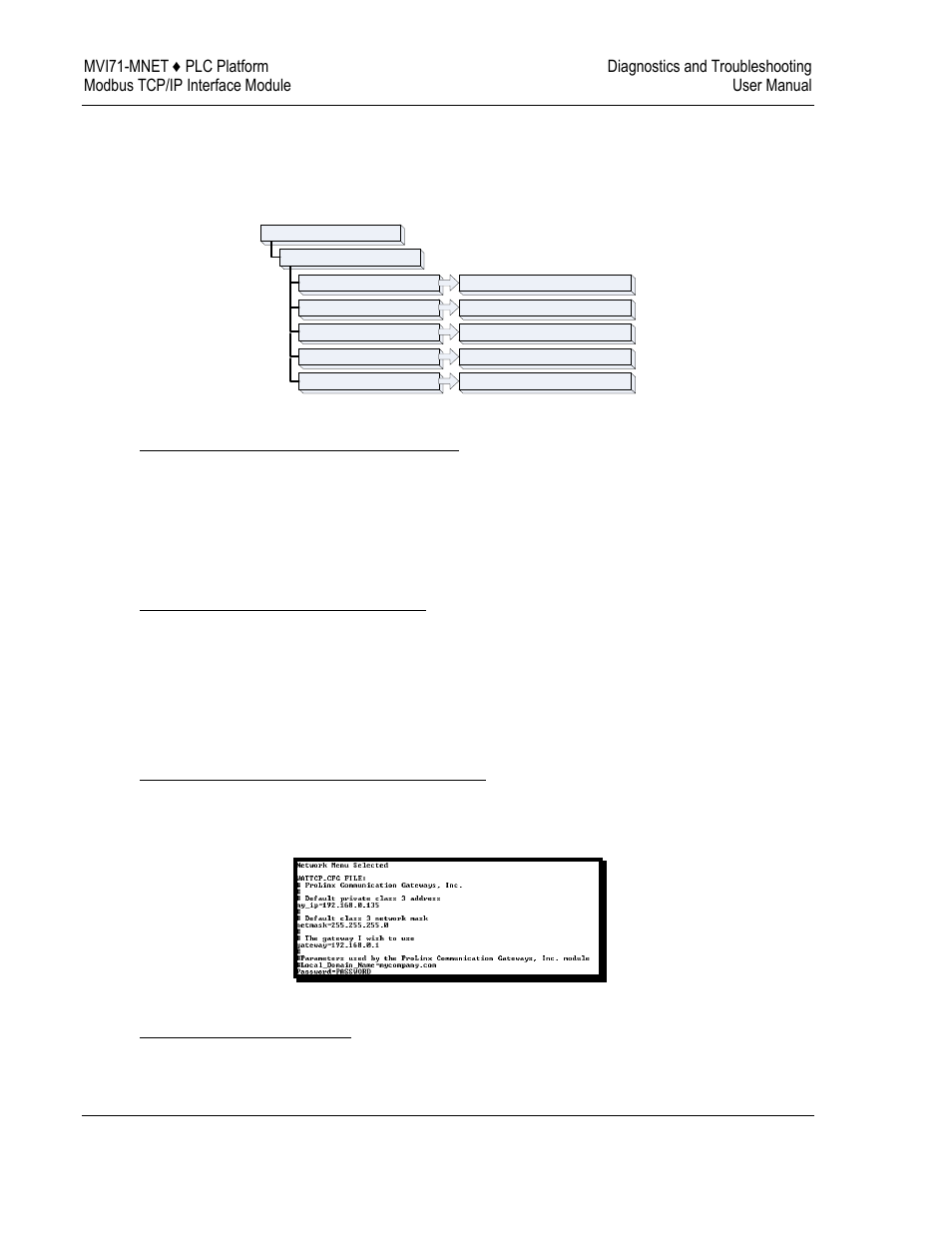 Network menu, Transferring wattcp.cfg to the module, Transferring wattcp.cfg to the pc | Viewing the wattcp.cfg file on the module, Returning to the main menu, 6 network menu | ProSoft Technology MVI71-MNET User Manual | Page 52 / 109