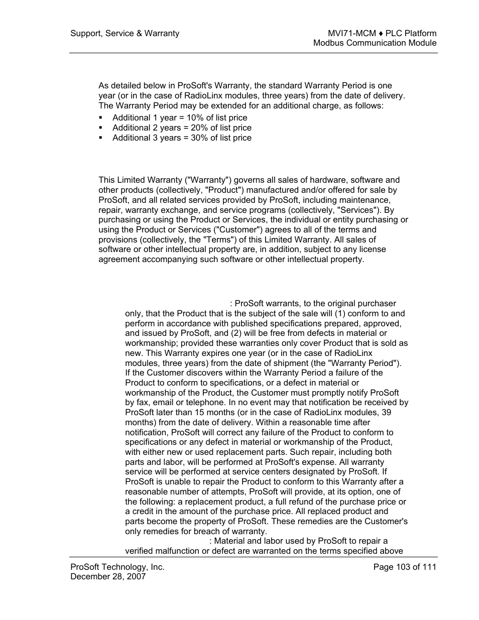 Purchasing warranty extension, Limited warranty, What is covered by this warranty | Limited, Warranty | ProSoft Technology MVI71-MCM User Manual | Page 103 / 111