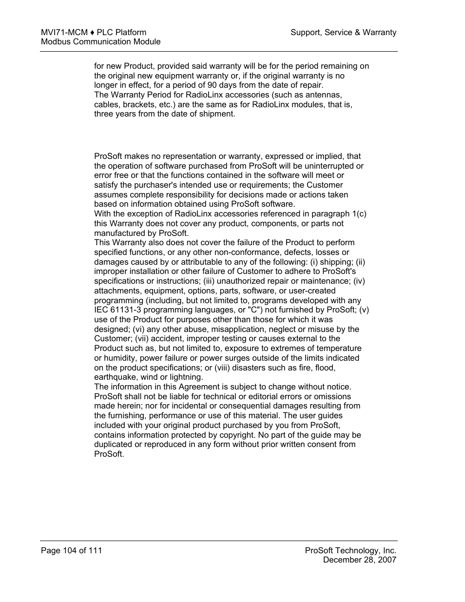 What is not covered by this warranty | ProSoft Technology MVI71-MCM User Manual | Page 104 / 111