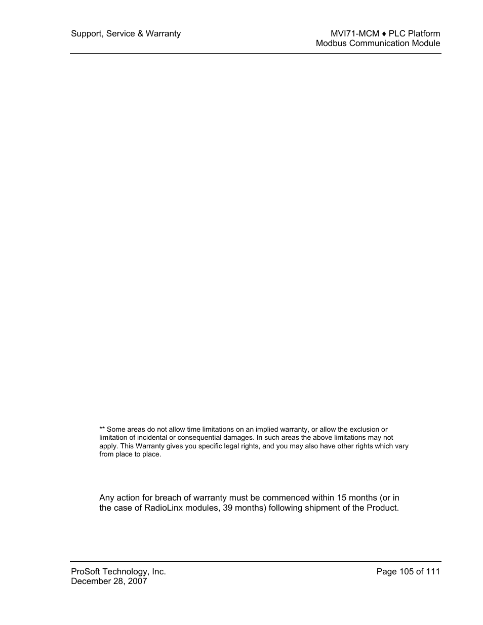 Disclaimer regarding high risk activities, Disclaimer of all other warranties, Limitation of remedies | Time limit for bringing suit | ProSoft Technology MVI71-MCM User Manual | Page 105 / 111
