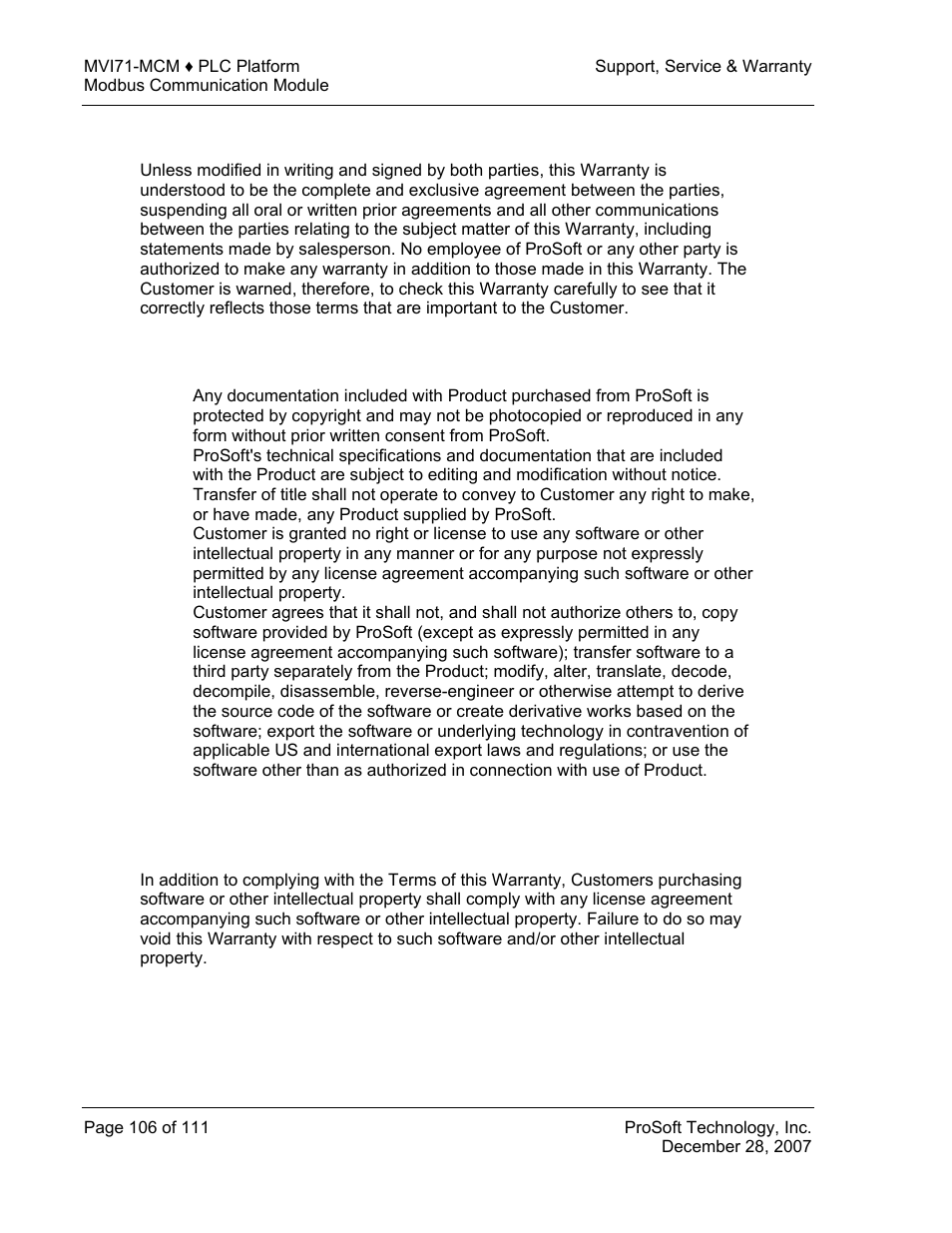 No other warranties, Intellectual property | ProSoft Technology MVI71-MCM User Manual | Page 106 / 111