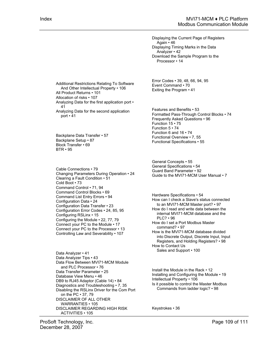 Index | ProSoft Technology MVI71-MCM User Manual | Page 109 / 111