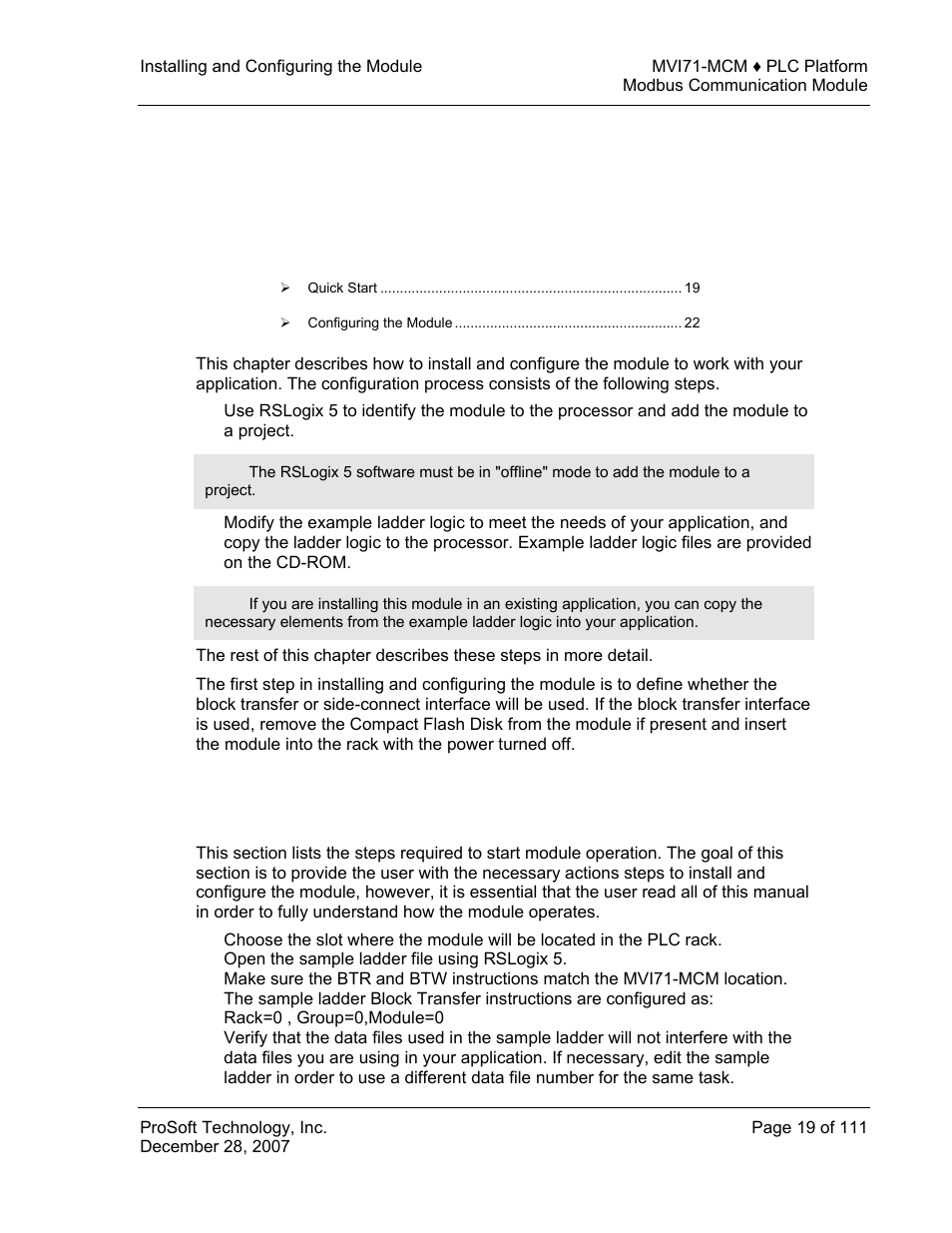 Installing and configuring the module, Quick start, 2installing and configuring the module | ProSoft Technology MVI71-MCM User Manual | Page 19 / 111