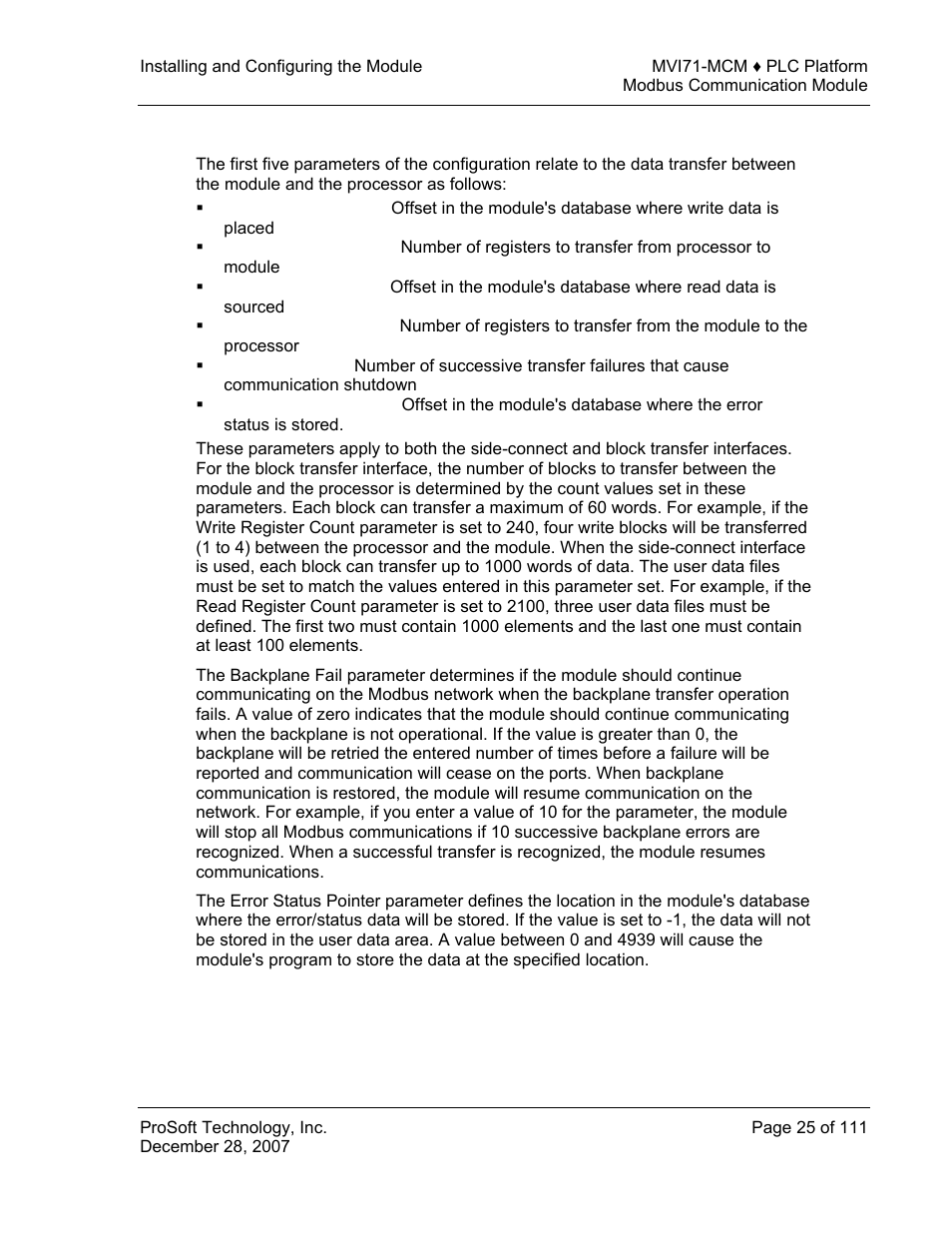 Data transfer parameter | ProSoft Technology MVI71-MCM User Manual | Page 25 / 111