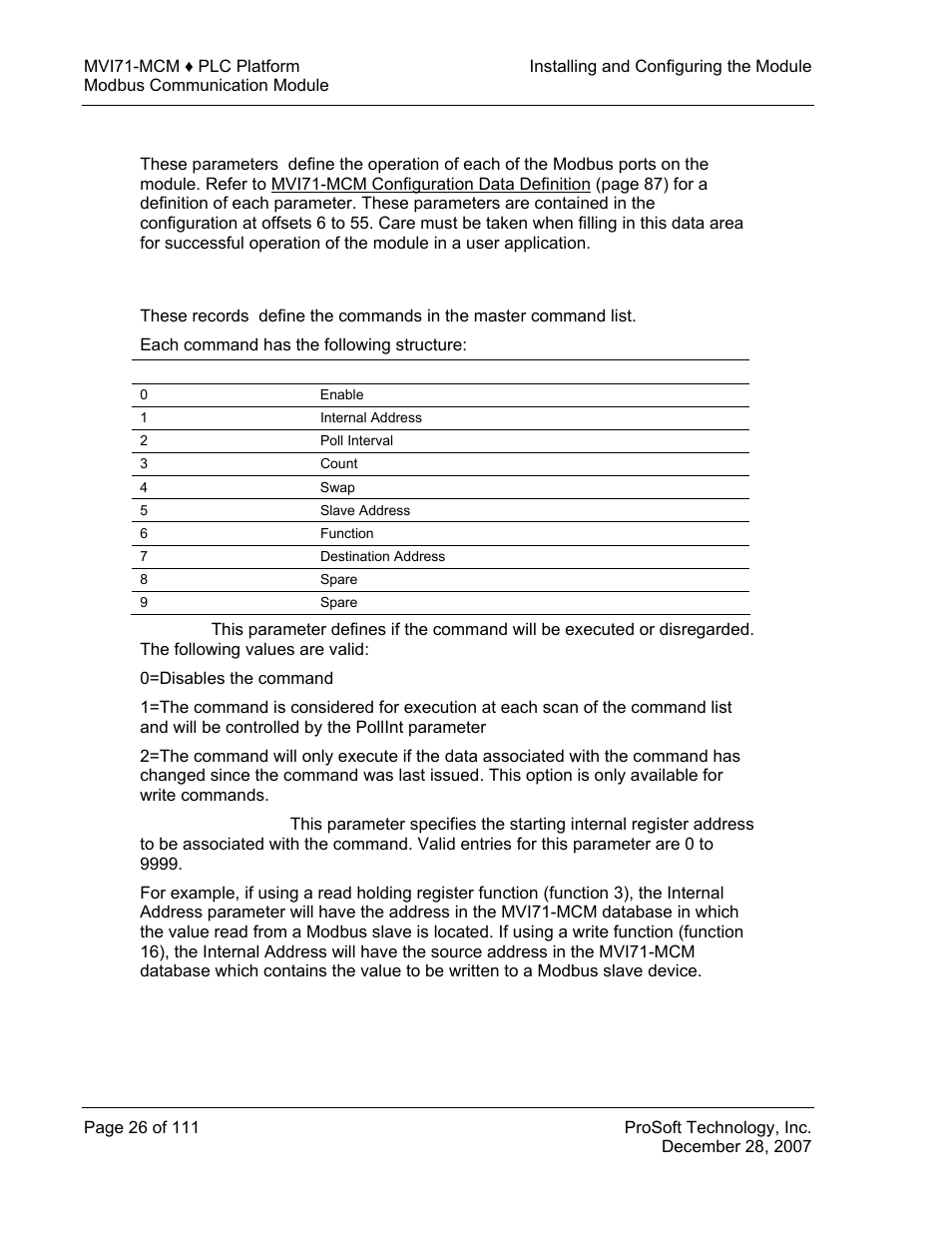 Modbus port parameters, Modbus master commands | ProSoft Technology MVI71-MCM User Manual | Page 26 / 111
