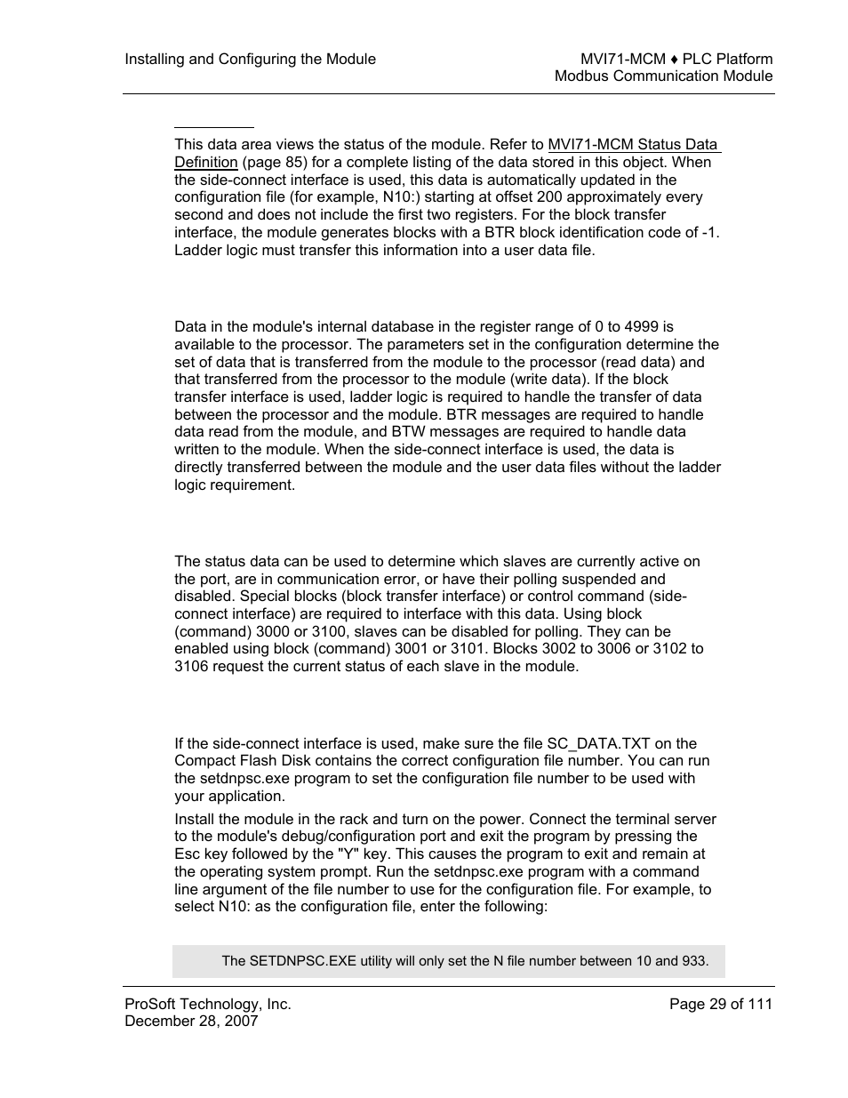 Status data, User data, Slave polling control and status | Using side-connect (requires side-connect adapter) | ProSoft Technology MVI71-MCM User Manual | Page 29 / 111