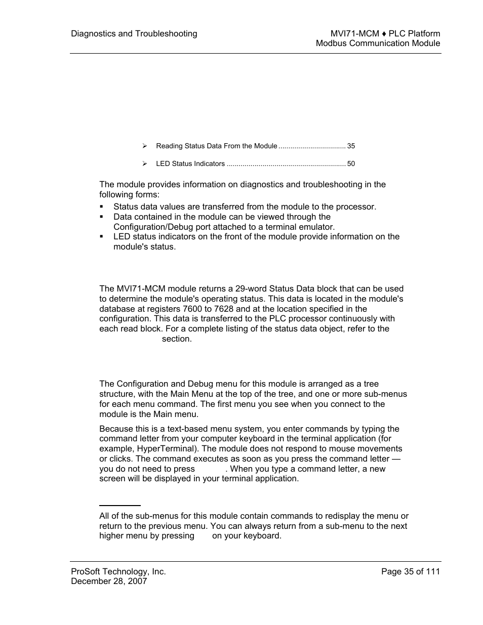 Diagnostics and troubleshooting, Reading status data from the module, The configuration/debug menu | Navigation, E 35), 4 diagnostics and troubleshooting | ProSoft Technology MVI71-MCM User Manual | Page 35 / 111