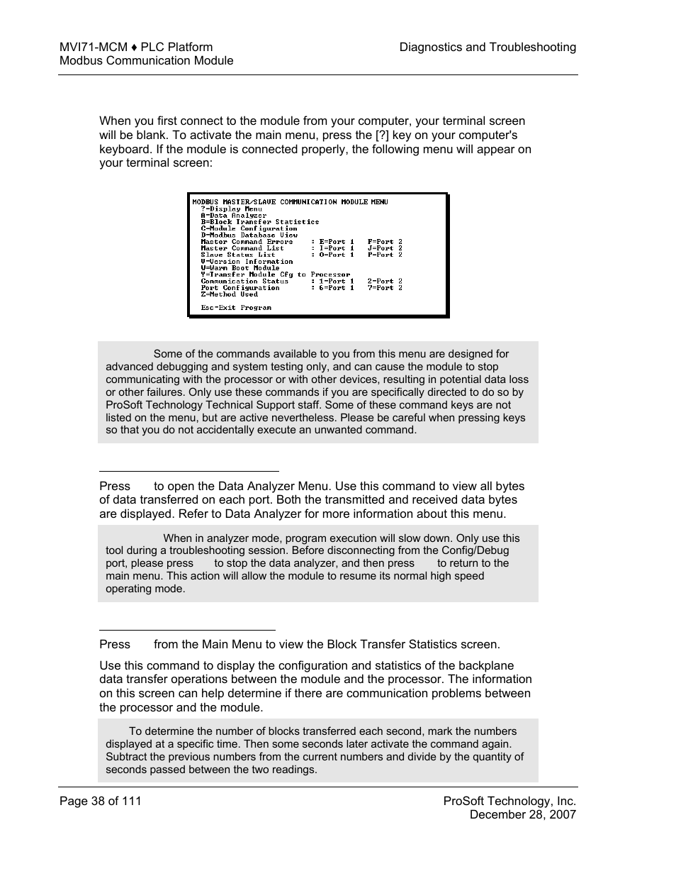 Main menu, Opening the data analyzer menu, Viewing block transfer statistics | ProSoft Technology MVI71-MCM User Manual | Page 38 / 111