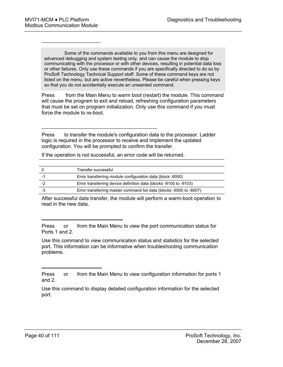 Warm booting the module, Transferring module configuration to the processor, Viewing port communication status | Viewing port configuration | ProSoft Technology MVI71-MCM User Manual | Page 40 / 111