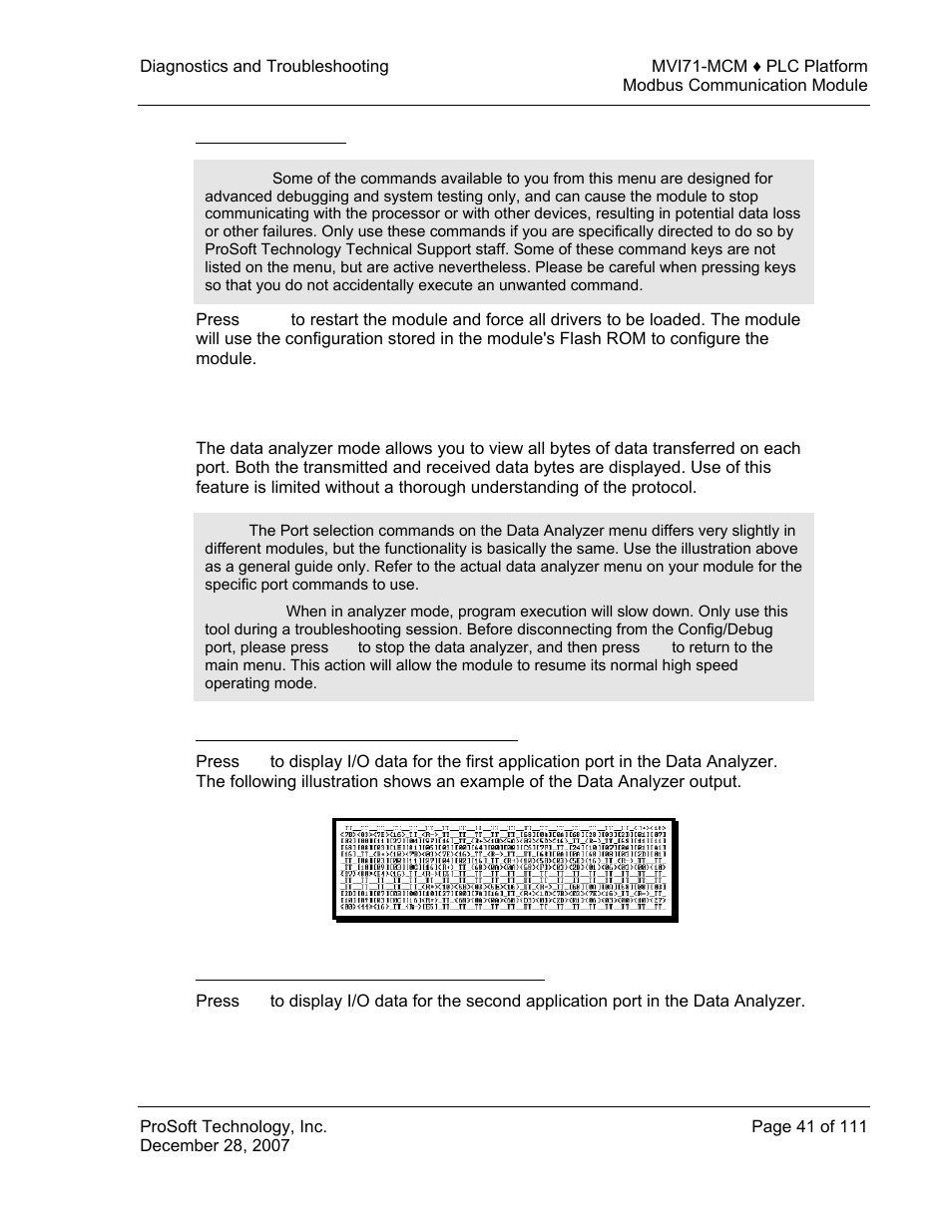 Exiting the program, Data analyzer, Analyzing data for the first application port | Analyzing data for the second application port | ProSoft Technology MVI71-MCM User Manual | Page 41 / 111