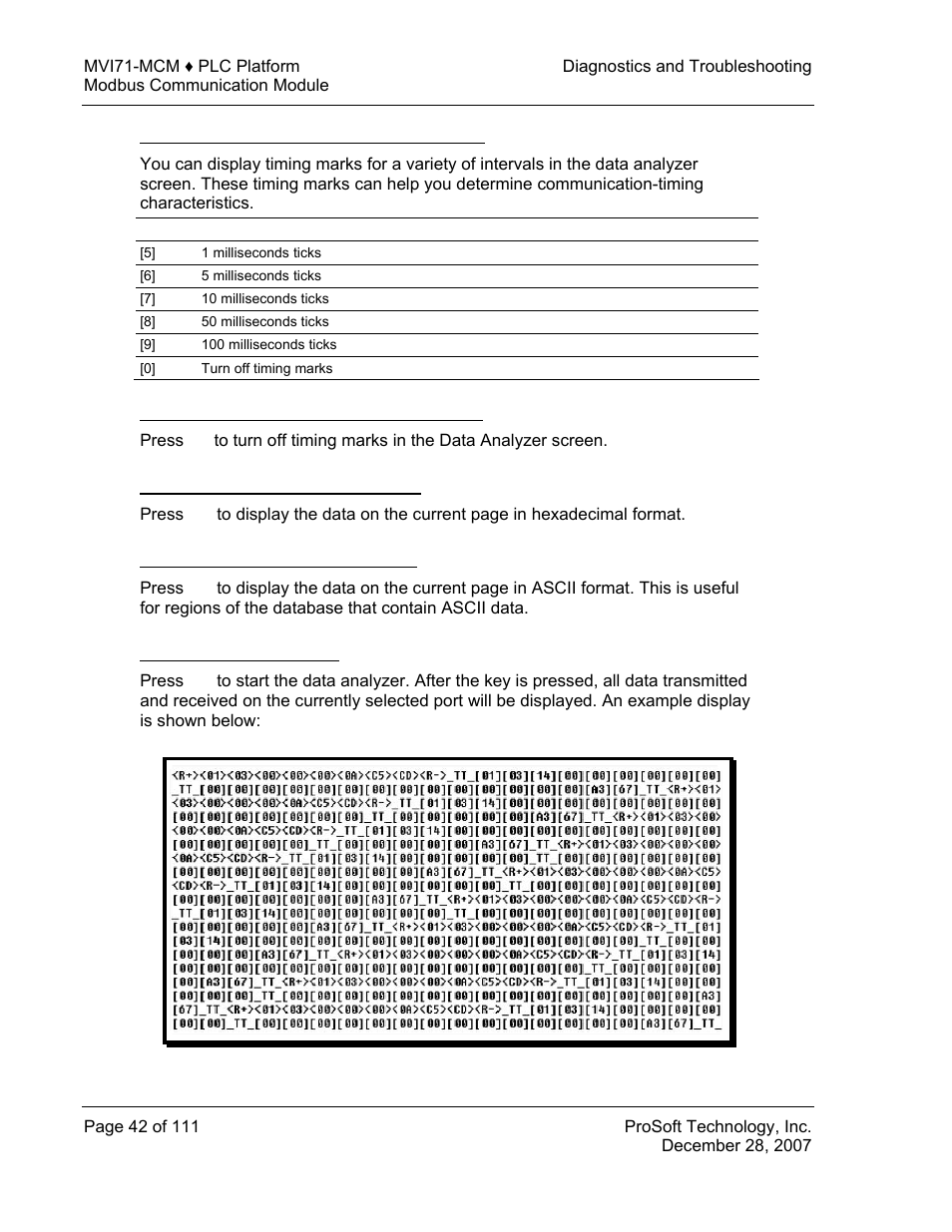 Displaying timing marks in the data analyzer, Removing timing marks in the data analyzer, Viewing data in hexadecimal format | Viewing data in ascii (text) format, Starting the data analyzer | ProSoft Technology MVI71-MCM User Manual | Page 42 / 111