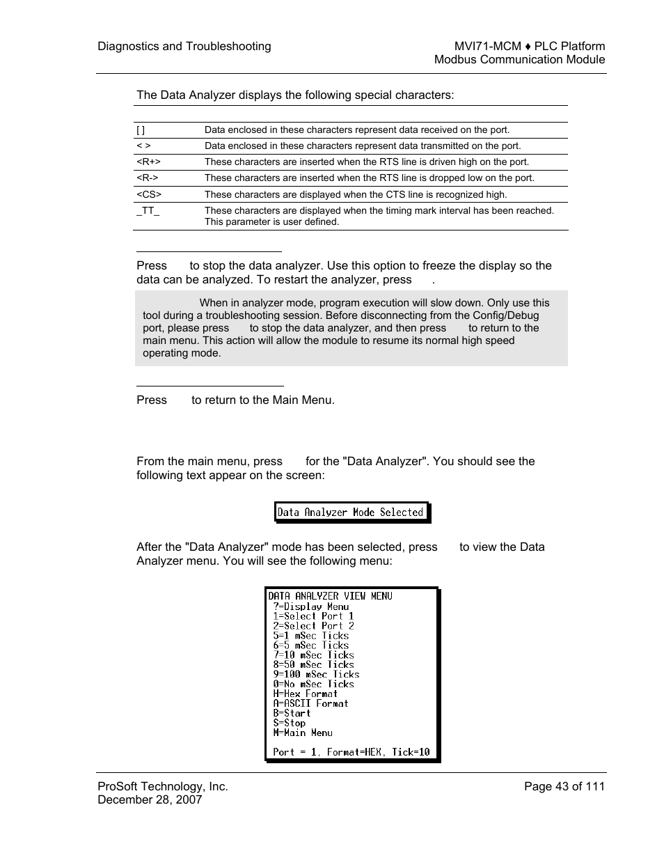 Stopping the data analyzer, Returning to the main menu, Data analyzer tips | ProSoft Technology MVI71-MCM User Manual | Page 43 / 111