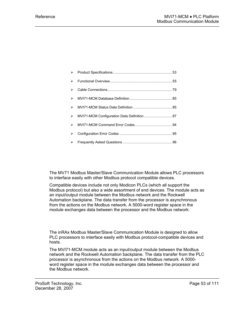 Reference, Product specifications, Features and benefits | E 53), 5 reference | ProSoft Technology MVI71-MCM User Manual | Page 53 / 111