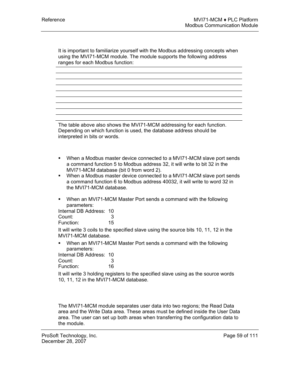 Modbus addressing, Using the read and write data areas | ProSoft Technology MVI71-MCM User Manual | Page 59 / 111