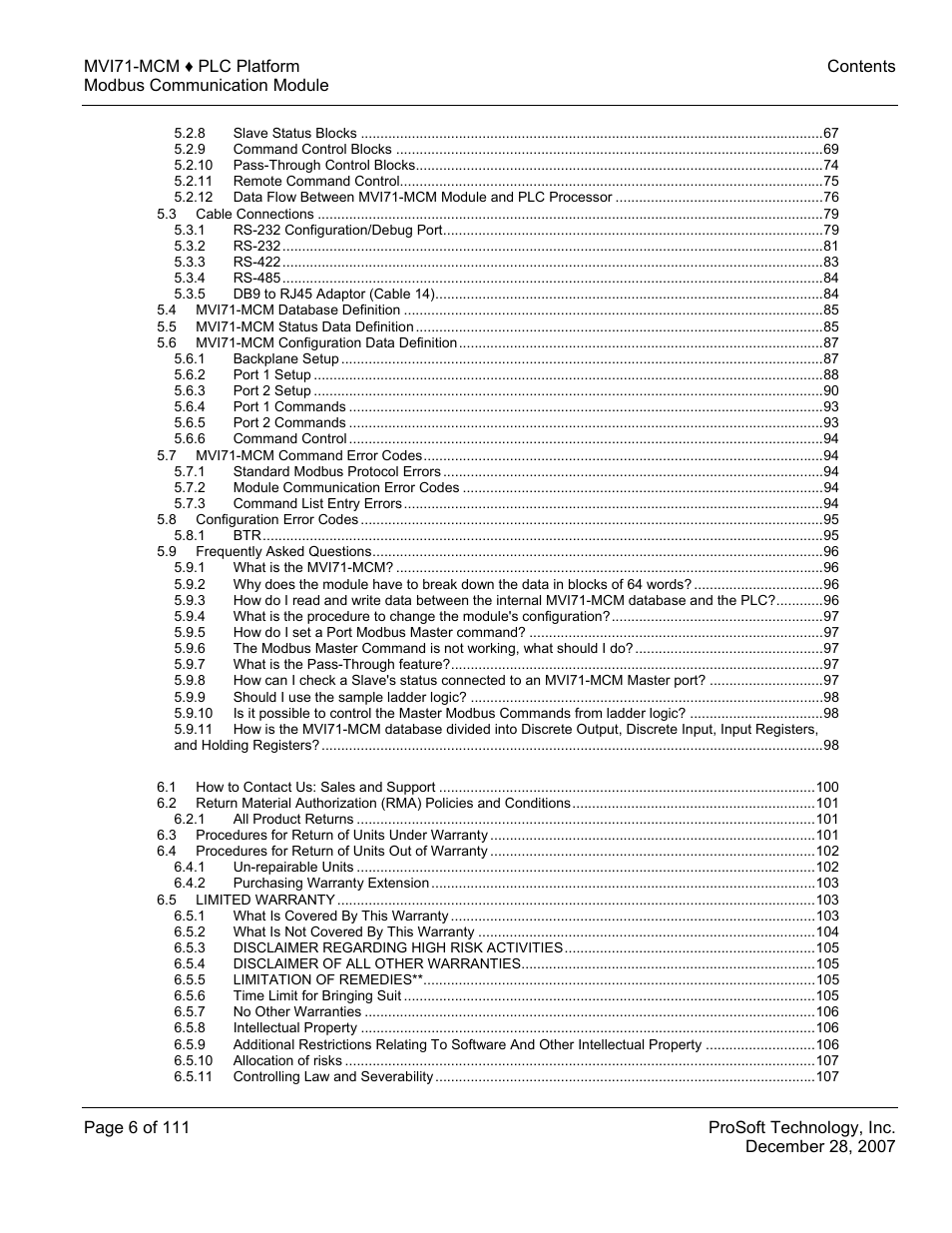 ProSoft Technology MVI71-MCM User Manual | Page 6 / 111