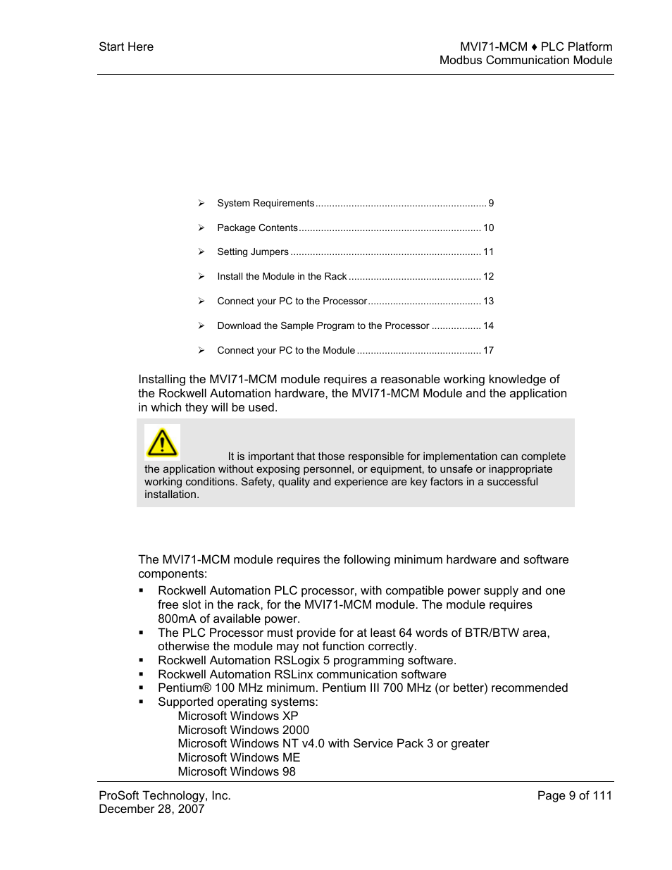 Start here, System requirements, Ge 9) | 1 start here | ProSoft Technology MVI71-MCM User Manual | Page 9 / 111