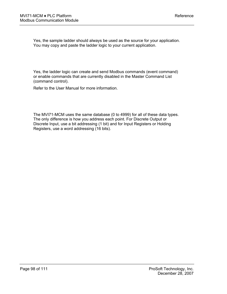 Should i use the sample ladder logic, And holding registers | ProSoft Technology MVI71-MCM User Manual | Page 98 / 111