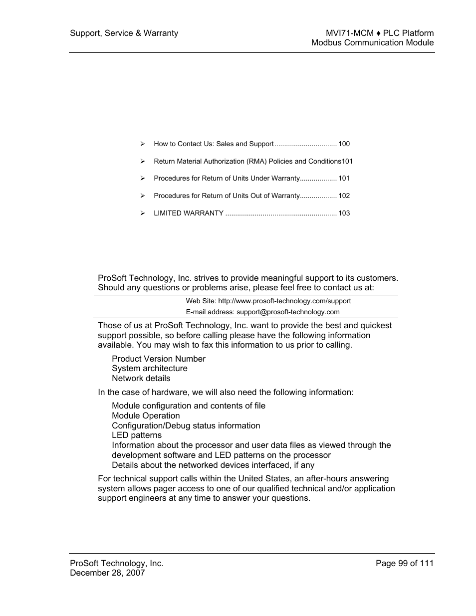 Support, service & warranty, E 99), 6support, service & warranty | ProSoft Technology MVI71-MCM User Manual | Page 99 / 111