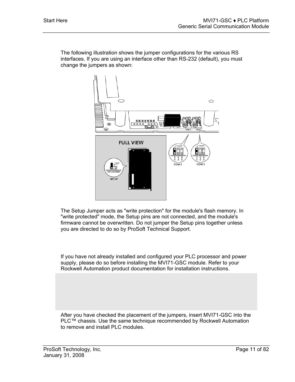 Setting jumpers, Install the module in the rack, Setting | Jumpers | ProSoft Technology MVI71-GSC User Manual | Page 11 / 82