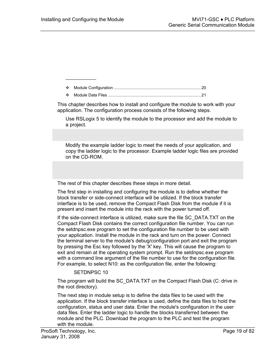 Installing and configuring the module, 19, pag, 2installing and configuring the module | ProSoft Technology MVI71-GSC User Manual | Page 19 / 82