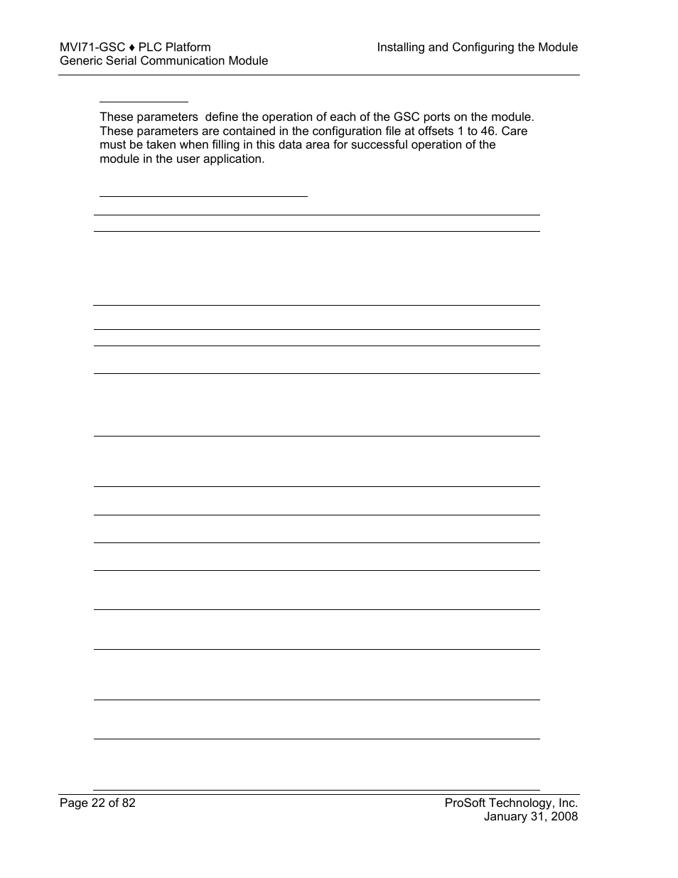Port parameters, Mvi71-gsc configuration parameters | ProSoft Technology MVI71-GSC User Manual | Page 22 / 82