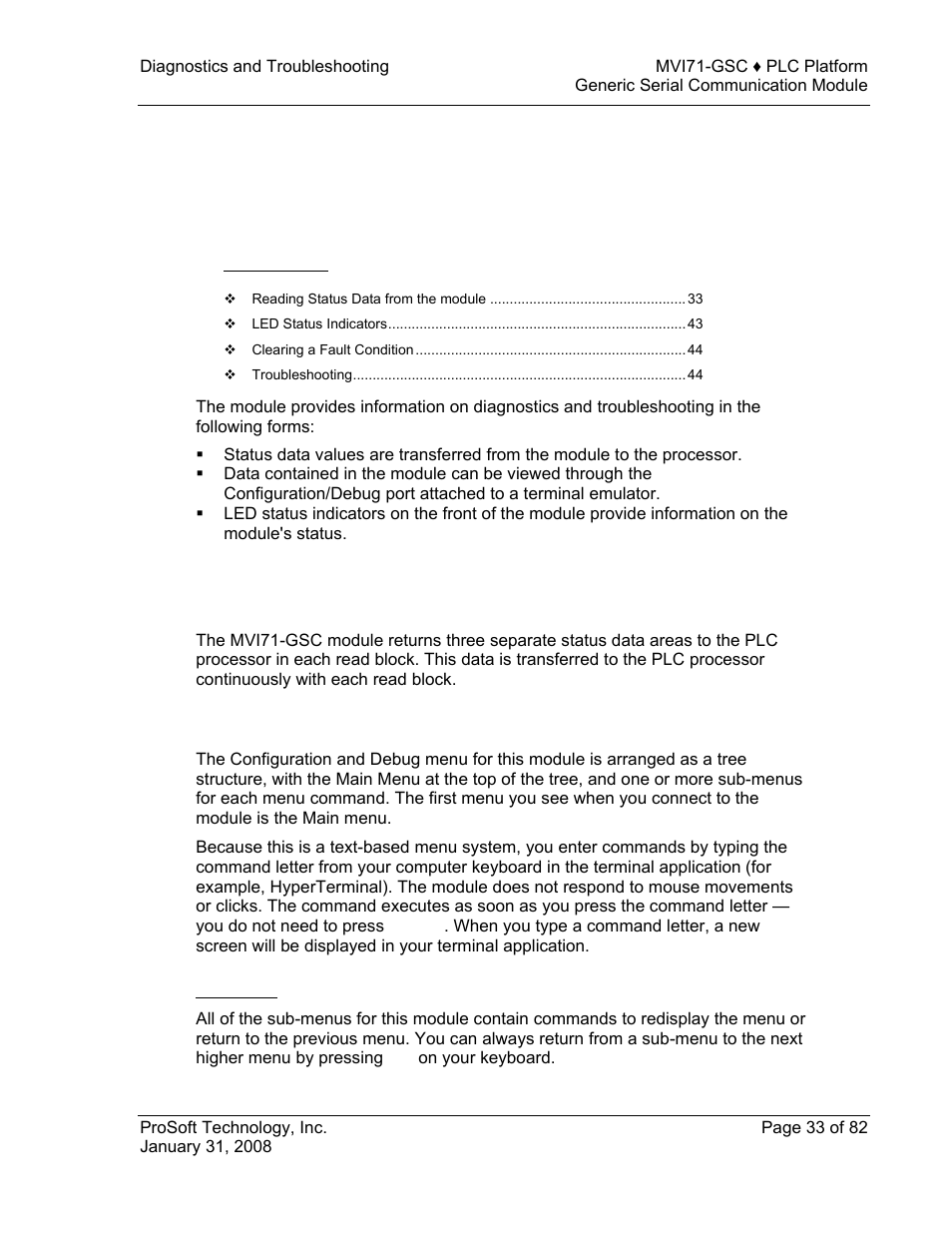 Diagnostics and troubleshooting, Reading status data from the module, The configuration/debug menu | Navigation, E 33), 4 diagnostics and troubleshooting | ProSoft Technology MVI71-GSC User Manual | Page 33 / 82