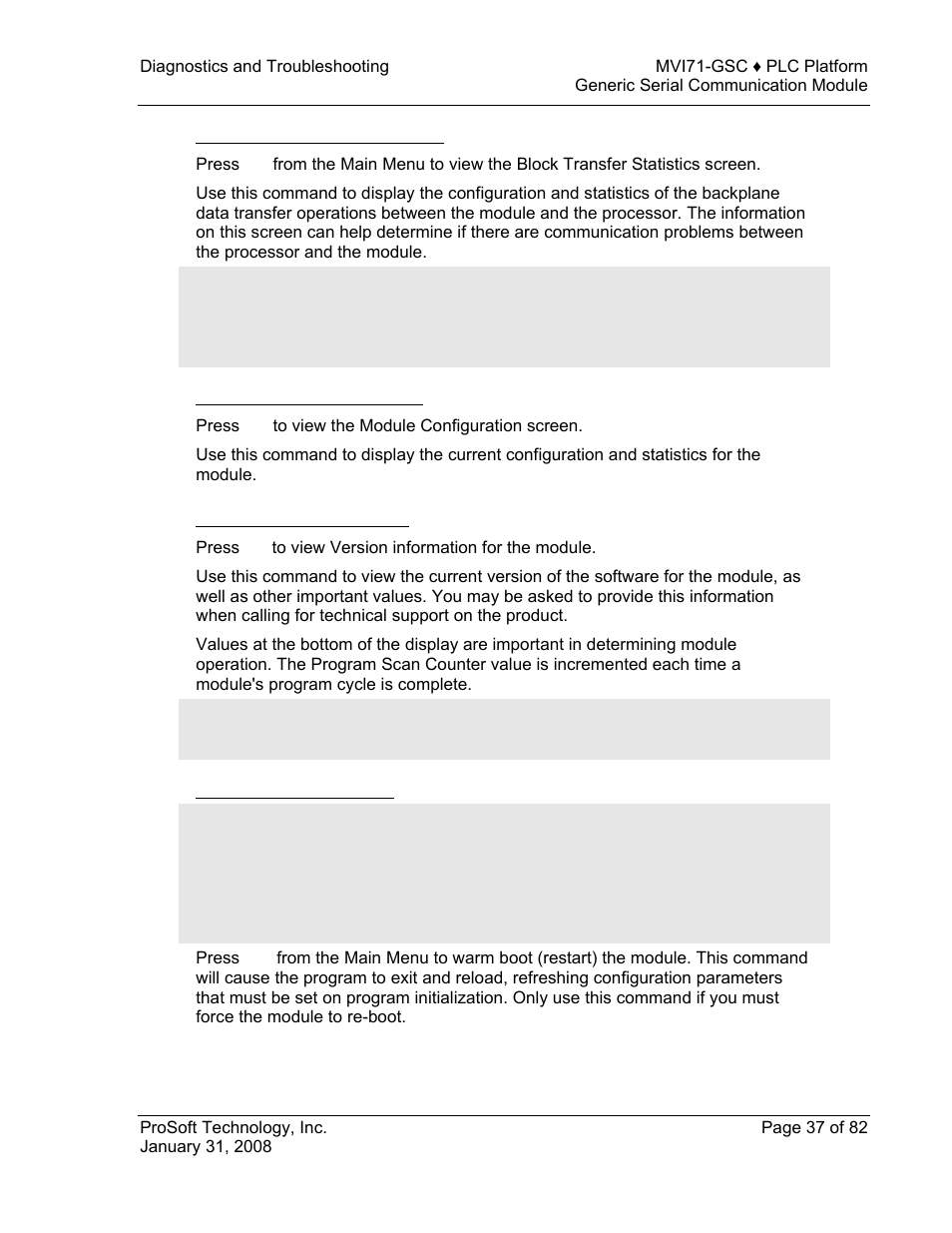 Viewing block transfer statistics, Viewing module configuration, Viewing version information | Warm booting the module | ProSoft Technology MVI71-GSC User Manual | Page 37 / 82