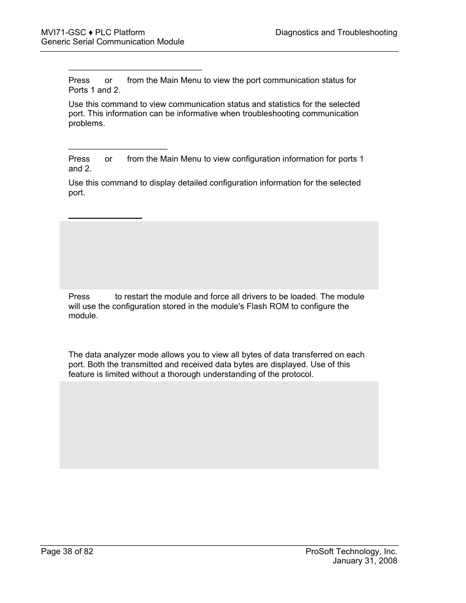 Viewing port communication status, Viewing port configuration, Exiting the program | Data analyzer | ProSoft Technology MVI71-GSC User Manual | Page 38 / 82