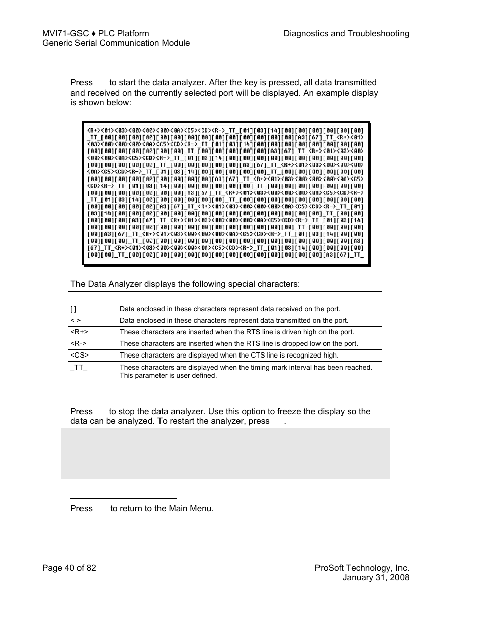 Starting the data analyzer, Stopping the data analyzer, Returning to the main menu | ProSoft Technology MVI71-GSC User Manual | Page 40 / 82