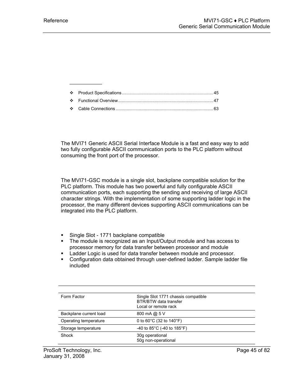 Reference, Product specifications, Features and benefits | General specifications, Hardware specifications, E 45), 5 reference | ProSoft Technology MVI71-GSC User Manual | Page 45 / 82