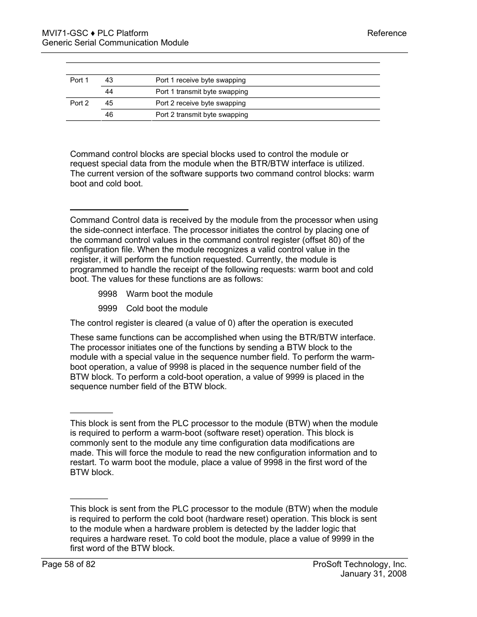 Command control blocks, Mvi71-gsc command control, Warm boot | Cold boot | ProSoft Technology MVI71-GSC User Manual | Page 58 / 82