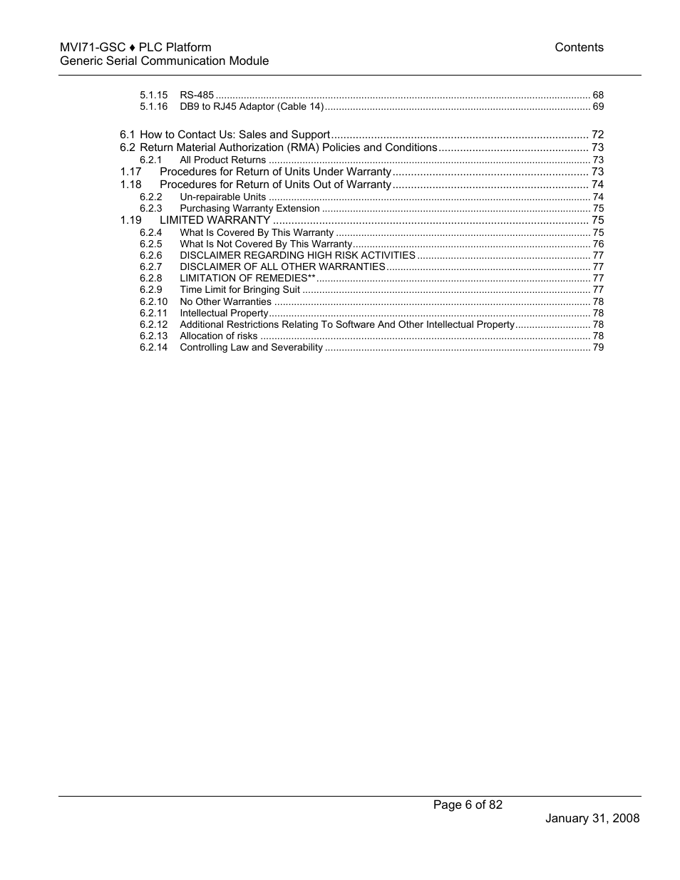 ProSoft Technology MVI71-GSC User Manual | Page 6 / 82