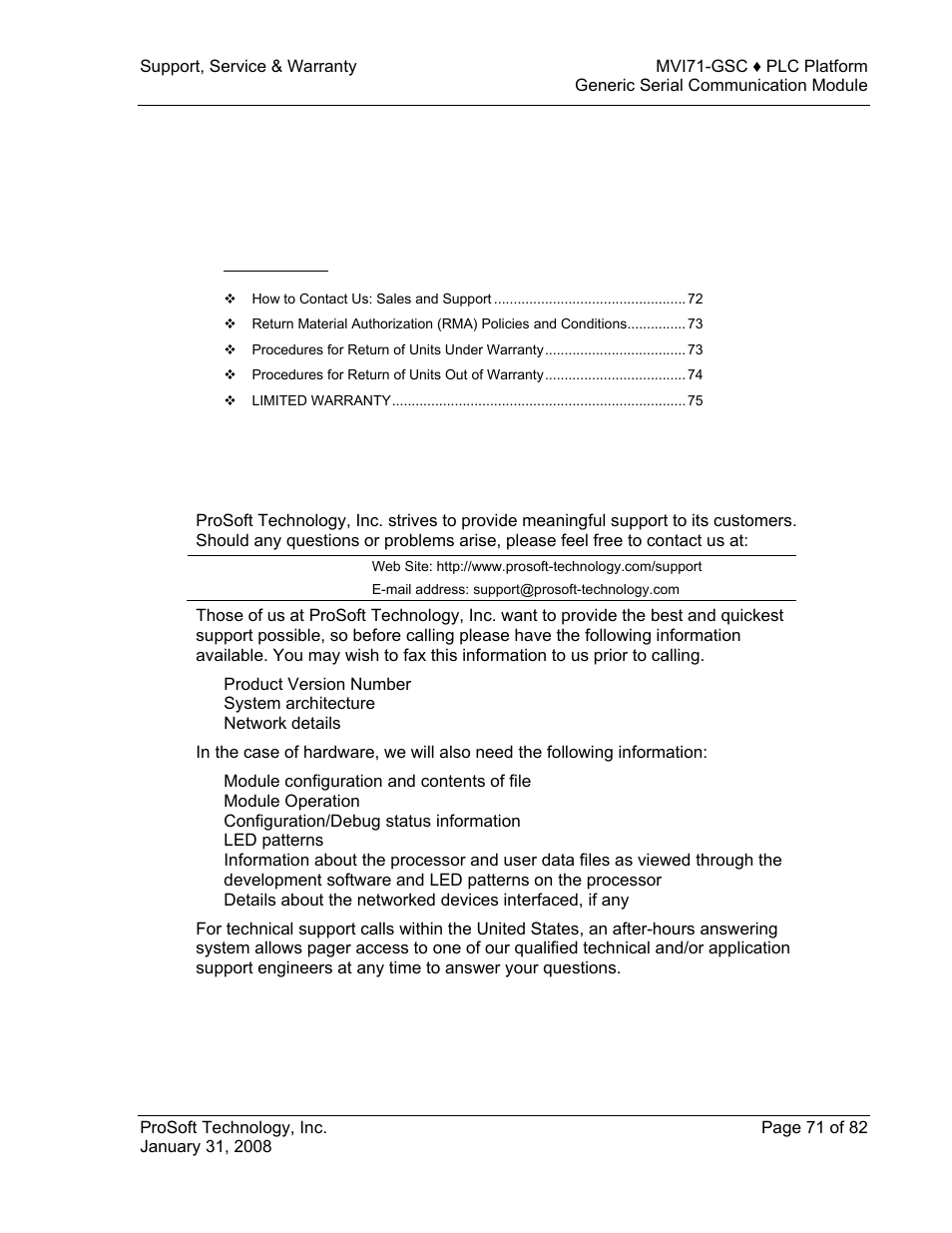 Support, service & warranty, E 71), 6support, service & warranty | ProSoft Technology MVI71-GSC User Manual | Page 71 / 82