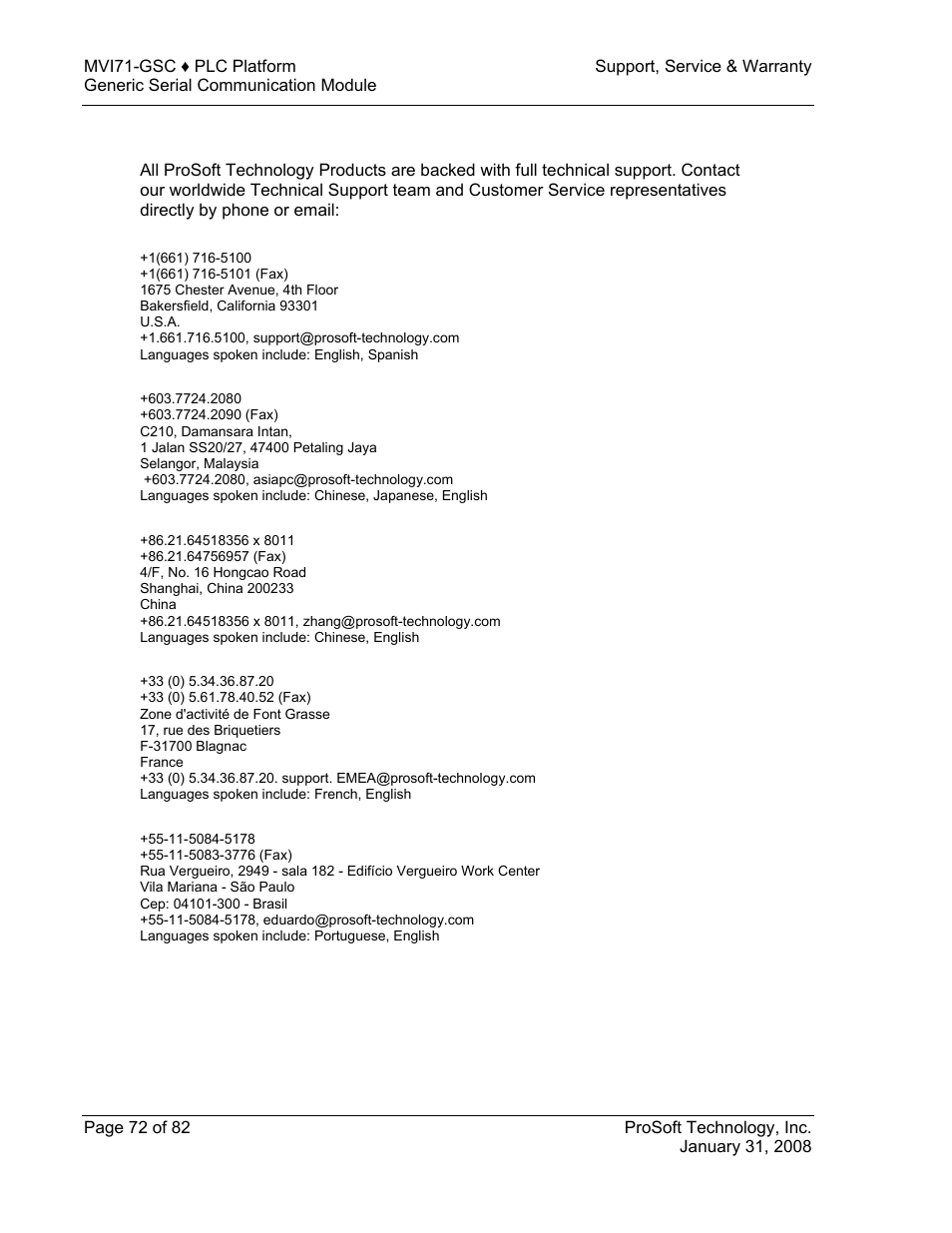 How to contact us: sales and support | ProSoft Technology MVI71-GSC User Manual | Page 72 / 82