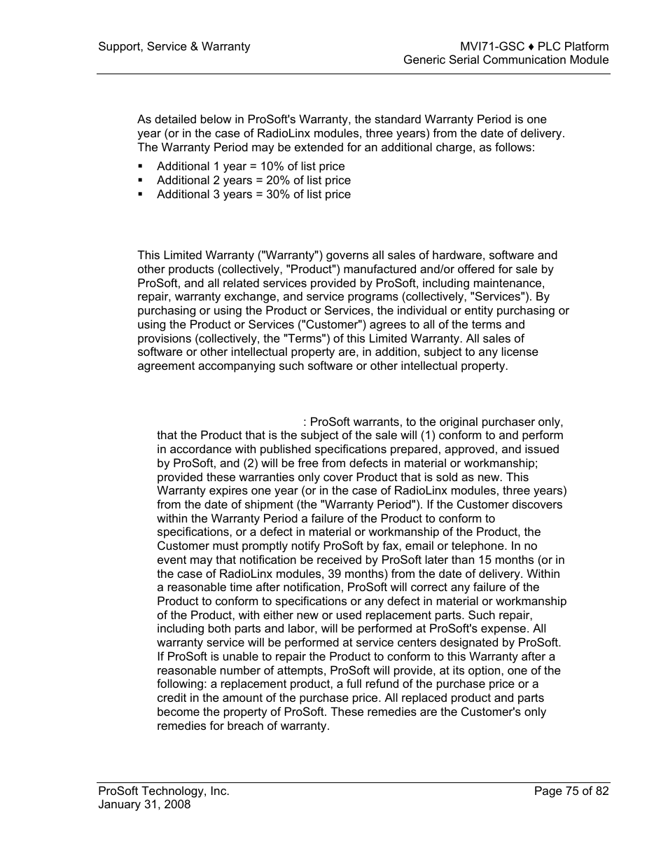 Purchasing warranty extension, Limited warranty, What is covered by this warranty | Limited, Warranty | ProSoft Technology MVI71-GSC User Manual | Page 75 / 82